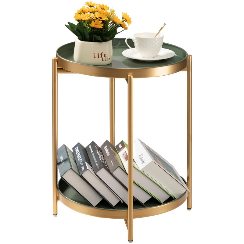 TeoKJ 2 Tier Gold Side Table, Folding Round Metal End Table Small Nightstand with Two Removable Tray for Bedroom Living Room Bedside Small Spaces Gold + Dark Green - Image 1