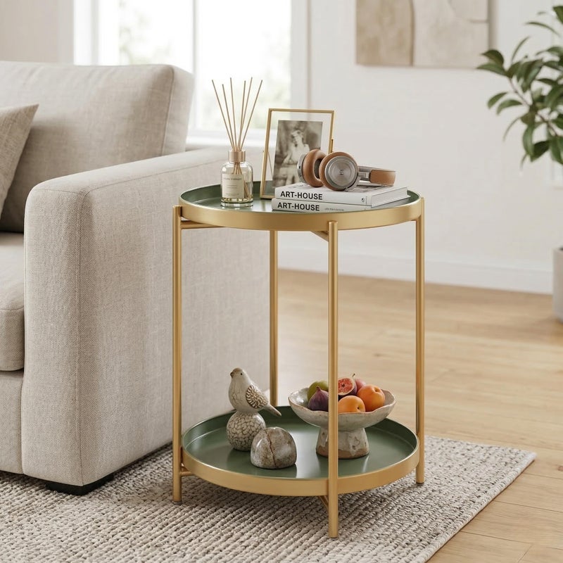 TeoKJ 2 Tier Gold Side Table, Folding Round Metal End Table Small Nightstand with Two Removable Tray for Bedroom Living Room Bedside Small Spaces Gold + Dark Green - Image 2