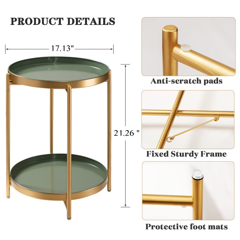 TeoKJ 2 Tier Gold Side Table, Folding Round Metal End Table Small Nightstand with Two Removable Tray for Bedroom Living Room Bedside Small Spaces Gold + Dark Green - Image 3