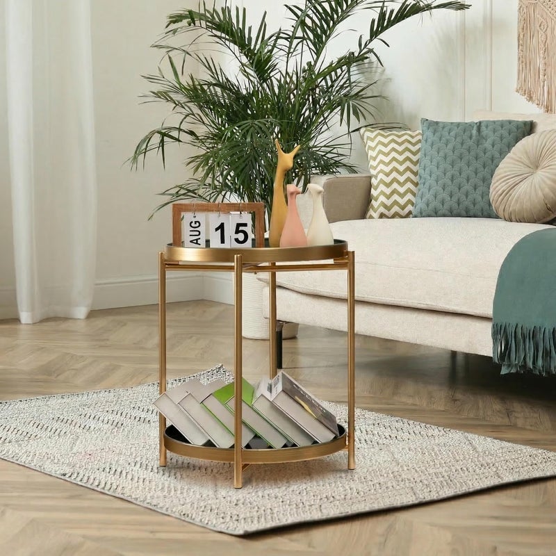 TeoKJ 2 Tier Gold Side Table, Folding Round Metal End Table Small Nightstand with Two Removable Tray for Bedroom Living Room Bedside Small Spaces Gold + Dark Green - Image 5