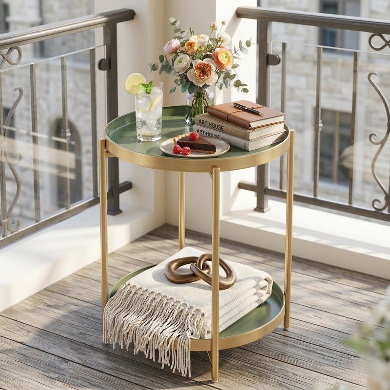 TeoKJ 2 Tier Gold Side Table, Folding Round Metal End Table Small Nightstand with Two Removable Tray for Bedroom Living Room Bedside Small Spaces Gold + Dark Green - Image 4