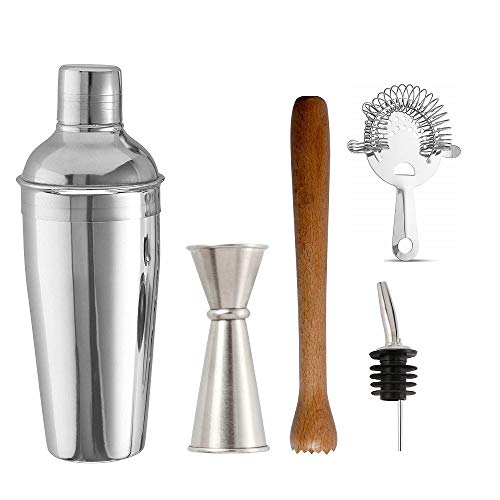 NJ OVERSEAS NJ Cocktail Shakers 500 ml, Wooden Muddler Heathrow Strainer and Japanese Style Jigger 30 and 60 ml: 5 Pieces Set - Image 1