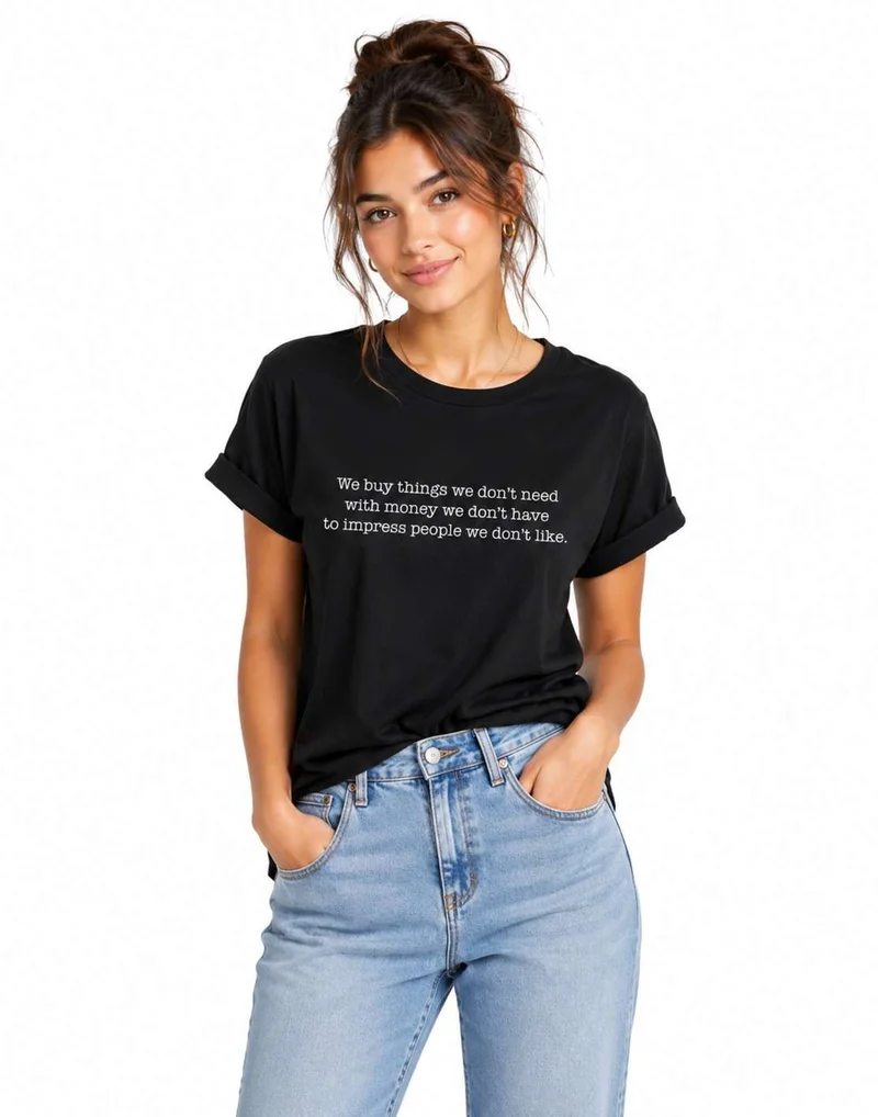 Matching Family Outfits Funny Minimalist Quote Graphic T-Shirt for Women – "We Buy Things We Don't Need with Money We Don't Have to Impress People We Don't Like" Casual Crew Neck Tee Gift