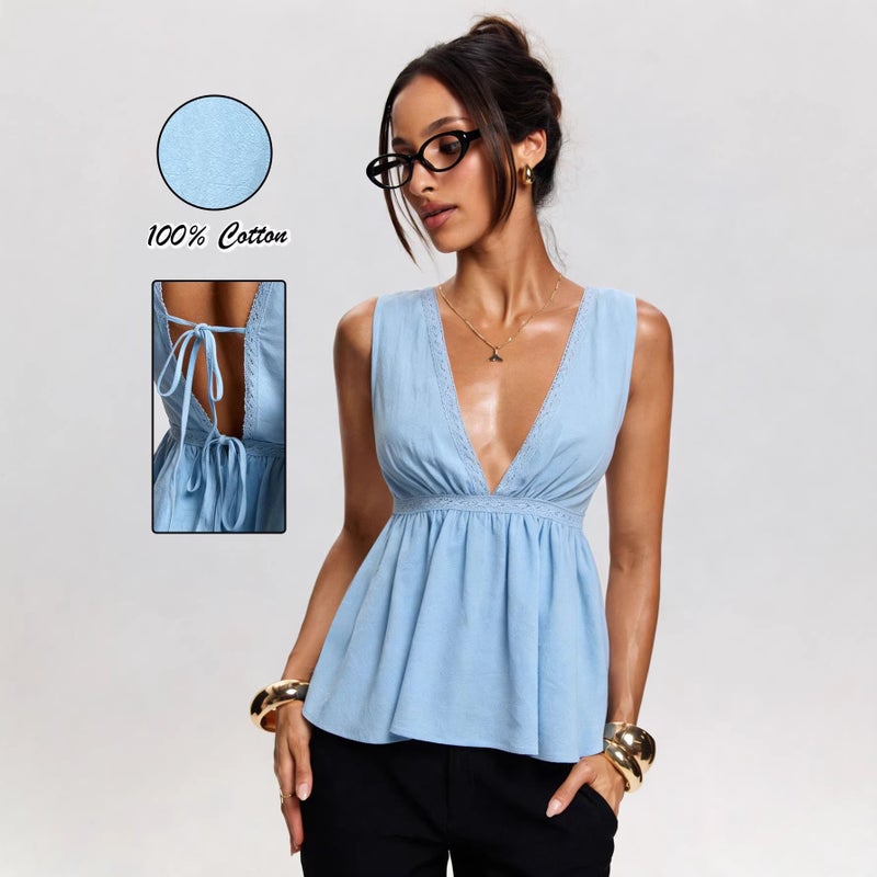 Women's Blue V-Neck Sleeveless Tank Top - Image 1