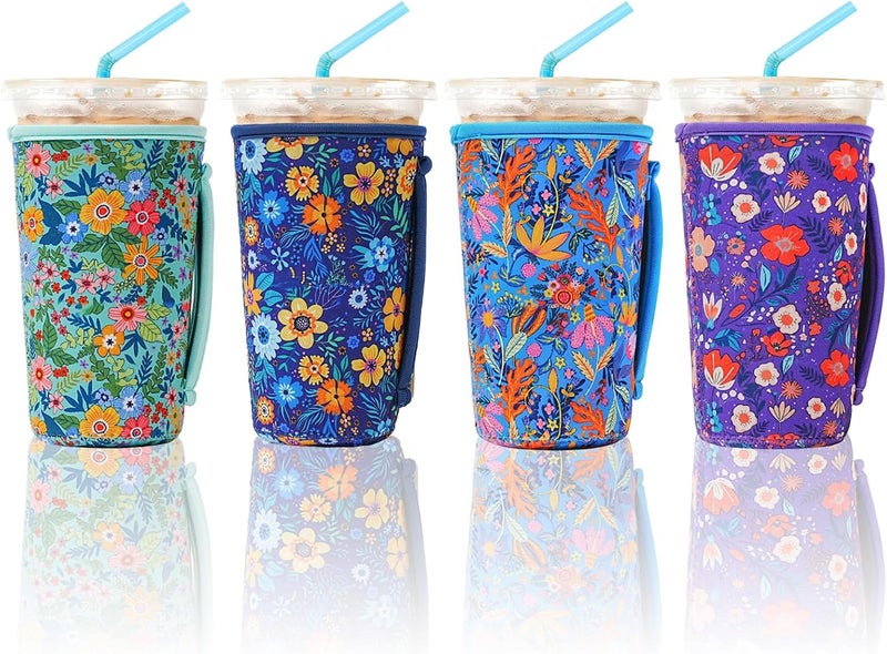 4 Pack Iced Coffee Sleeve,reusable Neoprene Cup Sleeves Suitable For Beverage Sleeves For Hot And Cold Coffee Or Ice Drink Coffee cup sleeve for Starbucks coffee cup(flowers, 22-24 OZ) - Image 1