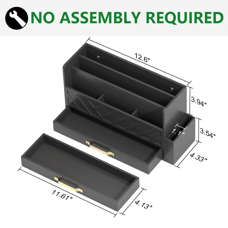 WISUCART Bamboo Desk Organizer Mail Holder Countertop Wood Desk Drawer Tabletop Storage Box Pen Holder Letter Sorter Makeup Organizer for School Home Office Supplies with Pen Holder Black - Image 4