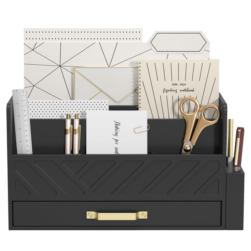 WISUCART Bamboo Desk Organizer Mail Holder Countertop Wood Desk Drawer Tabletop Storage Box Pen Holder Letter Sorter Makeup Organizer for School Home Office Supplies with Pen Holder Black - Image 1