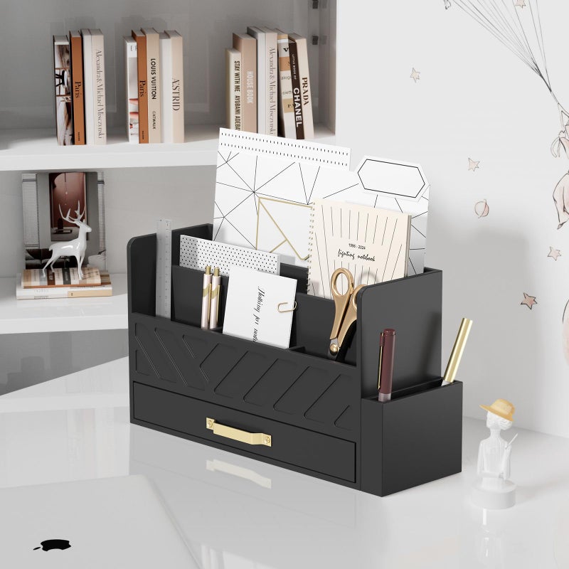 WISUCART Bamboo Desk Organizer Mail Holder Countertop Wood Desk Drawer Tabletop Storage Box Pen Holder Letter Sorter Makeup Organizer for School Home Office Supplies with Pen Holder Black - Image 3