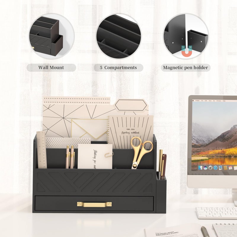 WISUCART Bamboo Desk Organizer Mail Holder Countertop Wood Desk Drawer Tabletop Storage Box Pen Holder Letter Sorter Makeup Organizer for School Home Office Supplies with Pen Holder Black - Image 5