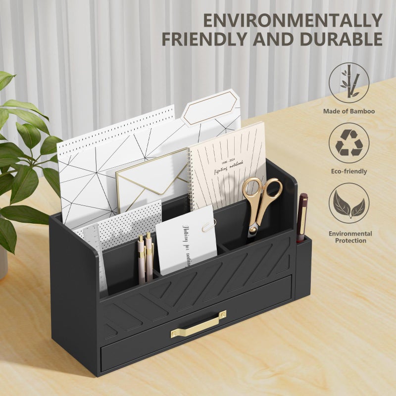 WISUCART Bamboo Desk Organizer Mail Holder Countertop Wood Desk Drawer Tabletop Storage Box Pen Holder Letter Sorter Makeup Organizer for School Home Office Supplies with Pen Holder Black - Image 2