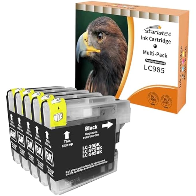 5 X LC985 BLACK PRINTER CARTRIDGES COMPATIBLE WITH BROTHER LC-985 LC-39 LC-975 BLACK FOR DCP-J125, DCP-J 140W, DCP-J315W, DCP-J515W, MFC-J220, MFC-J265W - Image 1