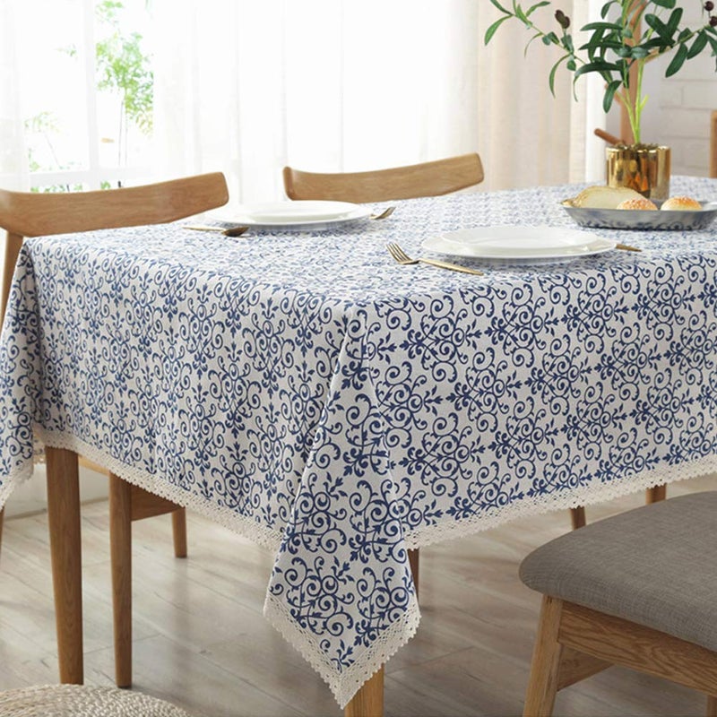 AMZALI AMZALI Vintage Washable Cotton Linen Fabric Navy Damask Pattern Decorative Macrame Lace Rectangle Tablecloth Dinner Picnic Table Cloth Home Decorative Table Cover Assorted Size 55 Inch x 87 Inch
