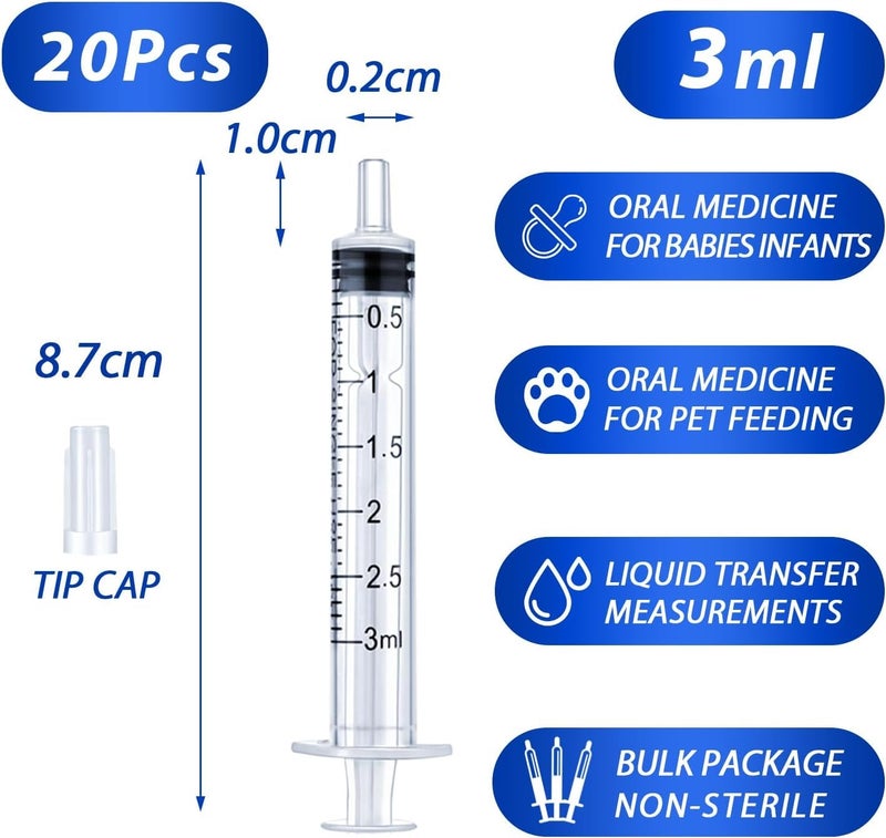 HiMo 20 Pack 3mL Syringe with Tip Cap for Liquid, 3cc Plastic Syringes with Cover, Non-Sterile, No Needle - Image 2