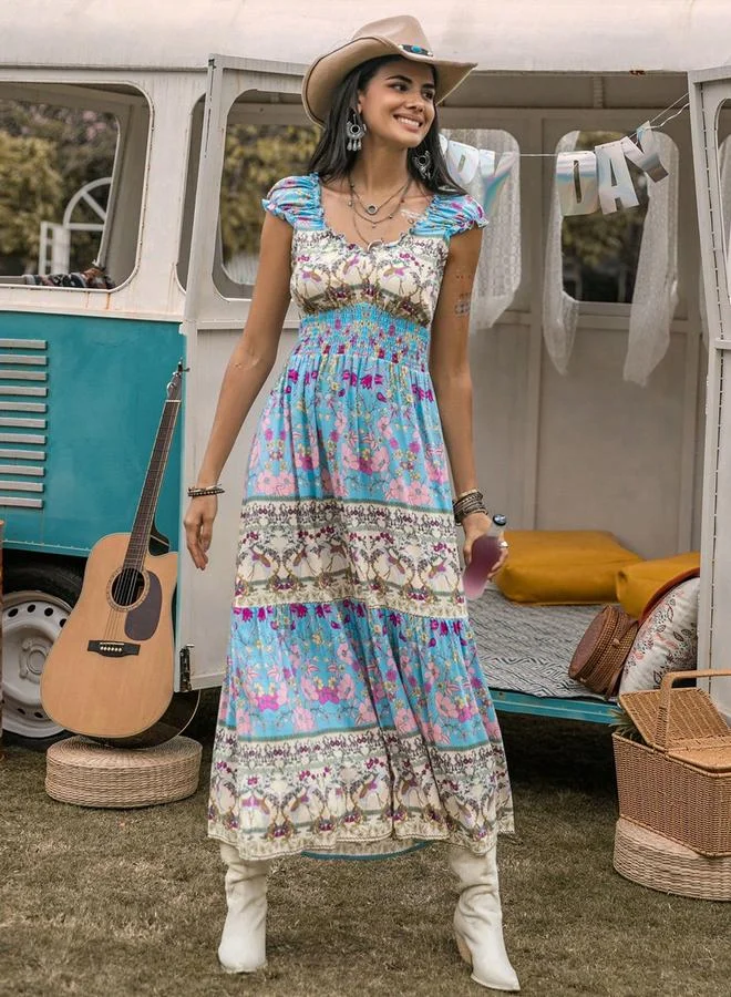 Take Two Take Two Floral Printed Cap Sleeve Round Neck Dress