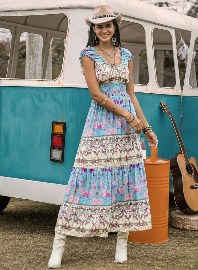 Take Two Take Two Floral Printed Cap Sleeve Round Neck Dress