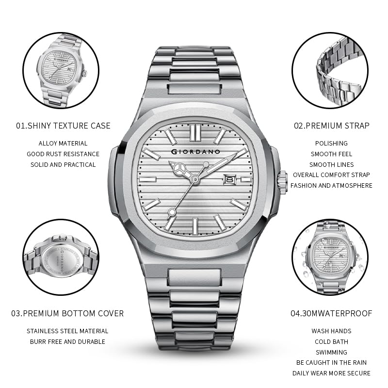 Giordano Analog Watch for Men – Textured Dial, Stainless Steel Strap, Date Display, Quartz Movement, Water Resistant - Image 5