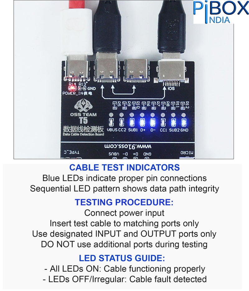 PiBOX India T5 PRO Advanced Digital Cable Tester - Professional 8-Point LED Diagnostic Tool for USB-C/Lightning/Micro-USB - Universal Lab-Grade Testing Board - Image 4