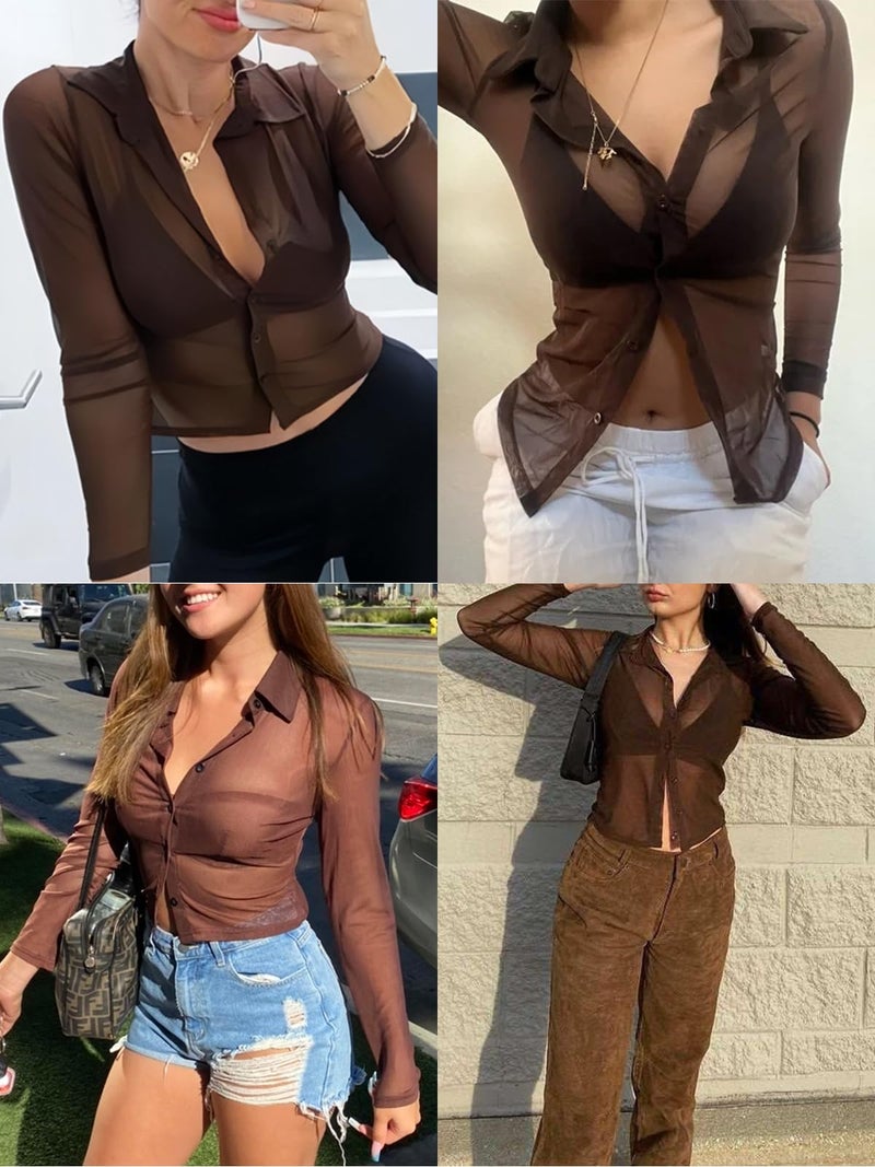 ZANZEA Women's Sexy Mesh Shirt Sheer Button Up Blouse See Through Long Sleeve Crop Top Black Medium - Image 2