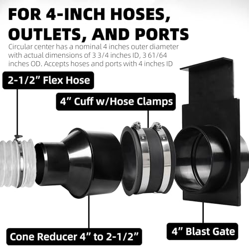 TonGass (Combo Pack) 4" to 2-1/2" Hose Cone Reducer Dust Collection Fitting 4" Flexible Hose Cuff Coupler Blast Gate for Dust Collection Systems with Stainless Steel Clamps - Image 4