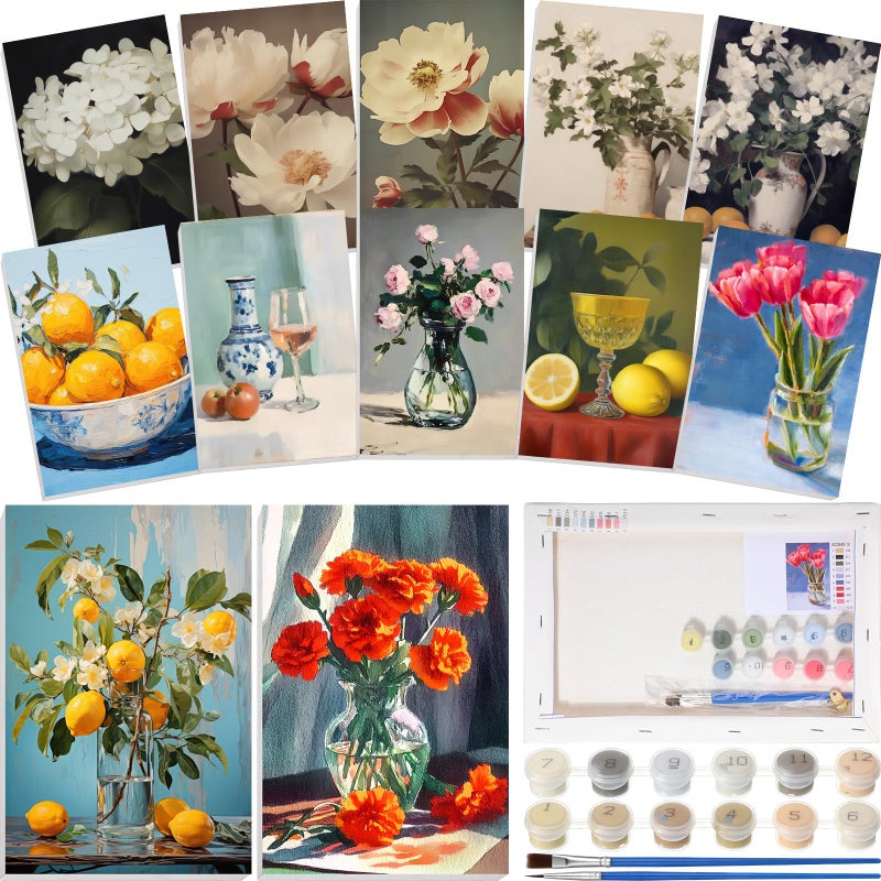 Nezyo 12 Sets Paint by Numbers 8 x 12 Inch for Adults Beginner with Wooden Frames Canvas DIY Acrylic Painting Kit Art Gift for Painting Party Sip and Paint Events for Home Decor(Still Life) - Image 1