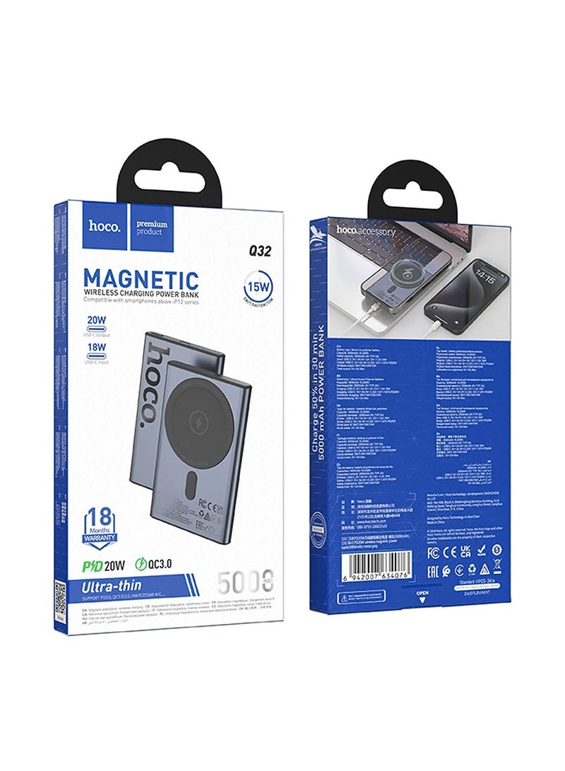 هوكو بنك الطاقة المغناطيسي HOCO Q32 بسعة 5000 مللي أمبير مع شحن سريع 20 واط - رمادي معدني - Image 3