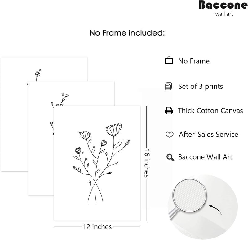 Baccone Flower Line Wall Art Set of 3 Botanical Canvas Wall Decor - Image 2
