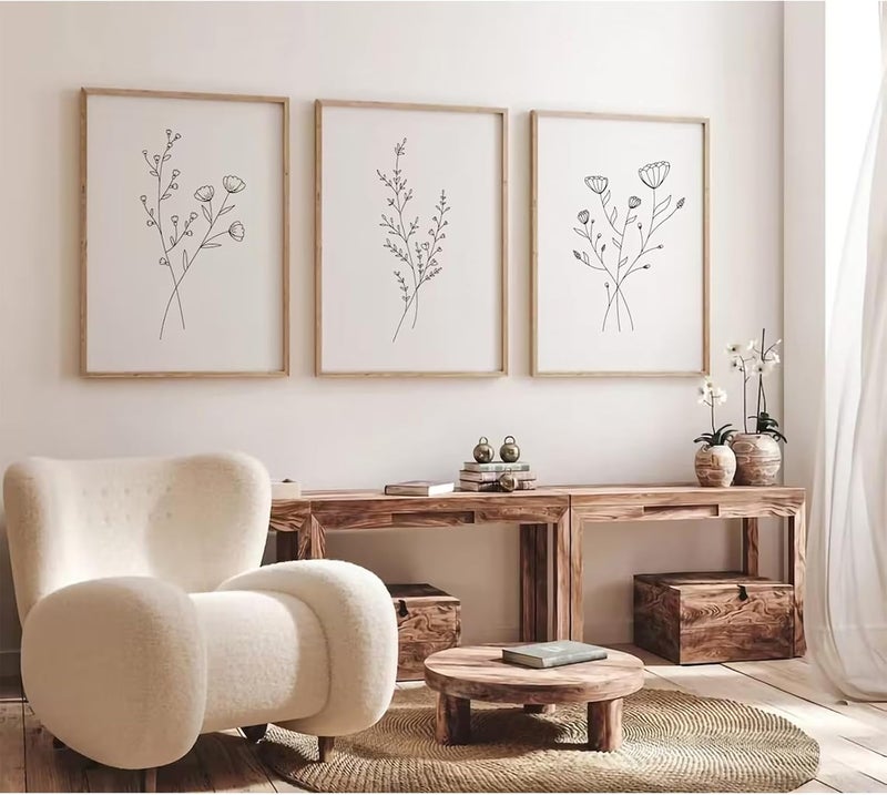 Baccone Flower Line Wall Art Set of 3 Botanical Canvas Wall Decor - Image 1