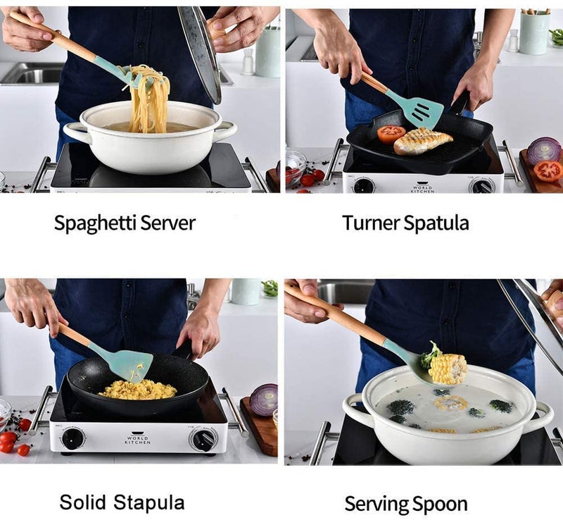 DROPOSALE Silicone Kitchen Spatula and Utensils Spoon Set Cooking Baking NonStick with Wooden Handle BPA Free Heat Resistant Item Flexible Non Toxic Silicon Cookware Tools Set 12 Pcs SkyBlue - Image 2
