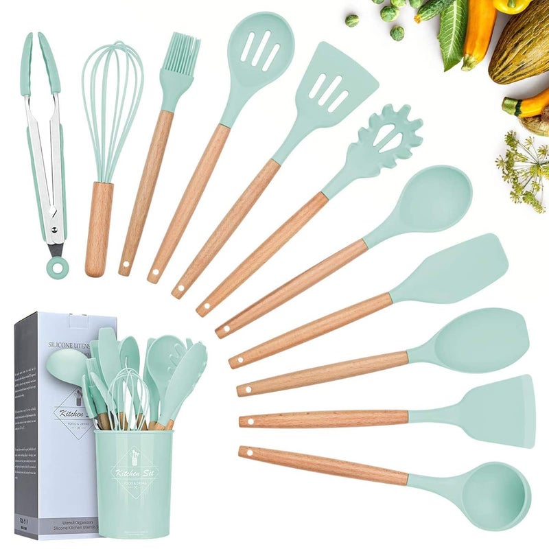 DROPOSALE Silicone Kitchen Spatula and Utensils Spoon Set Cooking Baking NonStick with Wooden Handle BPA Free Heat Resistant Item Flexible Non Toxic Silicon Cookware Tools Set 12 Pcs SkyBlue - Image 1