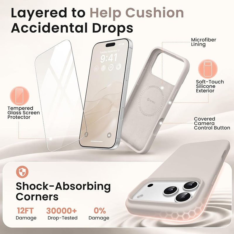 GONEZ Magnetic for iPhone 17 Pro Max Case, Compatible with MagSafe, 【Screen Protector + Camera Lens Protector】, Liquid Silicone Anti-Scratch Shockproof Protective Phone Case 6.9 inch, Stone - Image 4