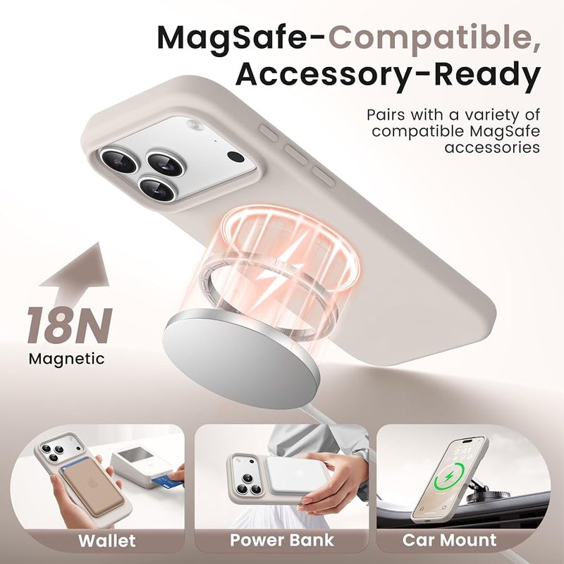 GONEZ Magnetic for iPhone 17 Pro Max Case, Compatible with MagSafe, 【Screen Protector + Camera Lens Protector】, Liquid Silicone Anti-Scratch Shockproof Protective Phone Case 6.9 inch, Stone - Image 2
