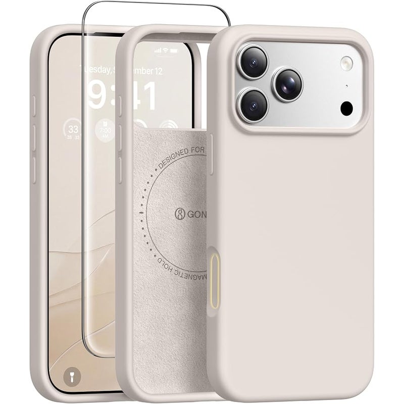 GONEZ Magnetic for iPhone 17 Pro Max Case, Compatible with MagSafe, 【Screen Protector + Camera Lens Protector】, Liquid Silicone Anti-Scratch Shockproof Protective Phone Case 6.9 inch, Stone - Image 1