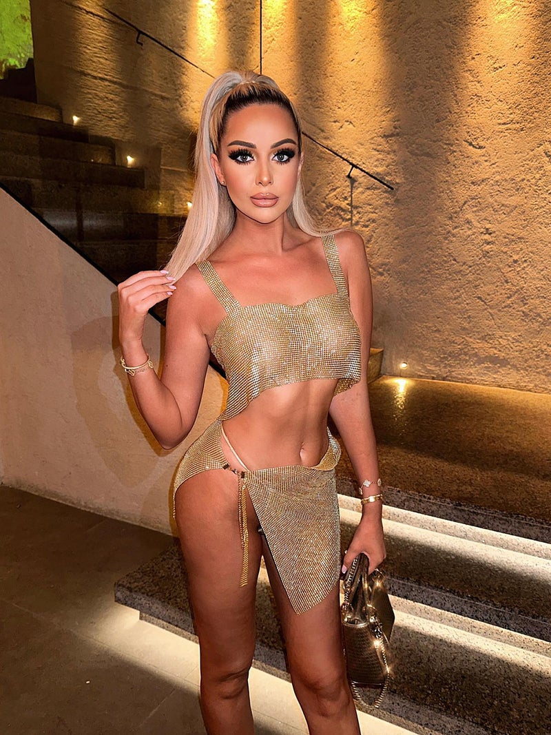 and sexy women''s nightclub hot girl rhinestone metal suspender skirt suit trendy vest for women - Image 3