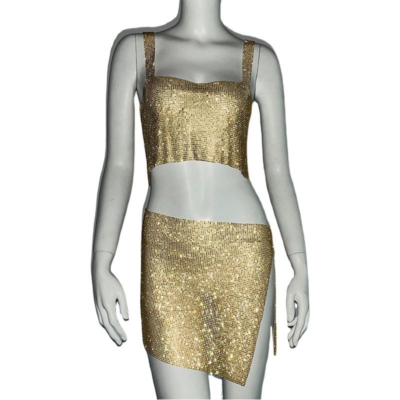 and sexy women''s nightclub hot girl rhinestone metal suspender skirt suit trendy vest for women - Image 1