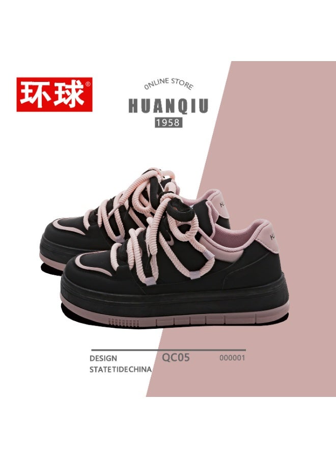 HUANQIU 1958 Women's Black & Pink Chunky Platform Sneakers - Stylish Rope Laces Casual Shoes 37SIZE