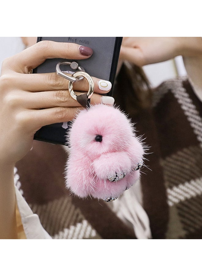 DiGallen Dijialun Mink Fur Diamond-studded Cute Rabbit Keychain For Car Female Car Pendant Car Interior Decoration Cartoon Cute Playing Dead Bunny Genuine Car Accessories - Pink - Image 1