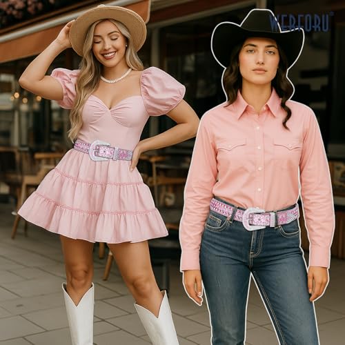 Werforu Women Western Rhinestone Studded Leather Belt Cowgirl Bling Waist Belt for Jeans Dress, Pink,Fit Waist Size 27-31 Inches - Image 2