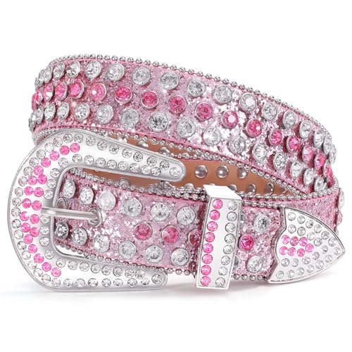 Werforu Women Western Rhinestone Studded Leather Belt Cowgirl Bling Waist Belt for Jeans Dress, Pink,Fit Waist Size 27-31 Inches - Image 1