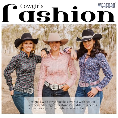 Werforu Women Western Rhinestone Studded Leather Belt Cowgirl Bling Waist Belt for Jeans Dress, Pink,Fit Waist Size 27-31 Inches - Image 5