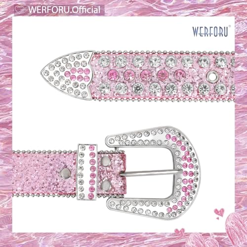 Werforu Women Western Rhinestone Studded Leather Belt Cowgirl Bling Waist Belt for Jeans Dress, Pink,Fit Waist Size 27-31 Inches - Image 3