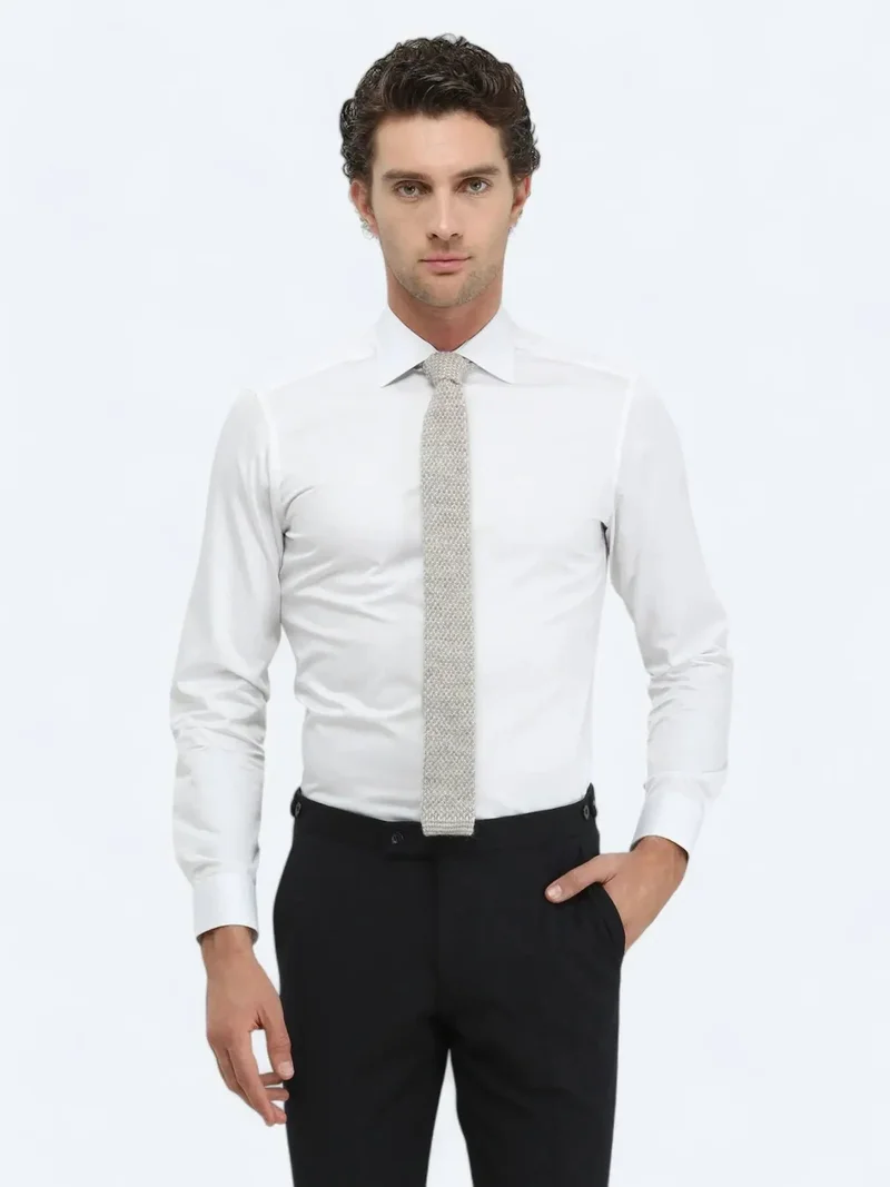 Kip White Plain Slim Fit Weaving Classical 100% Cotton Shirt