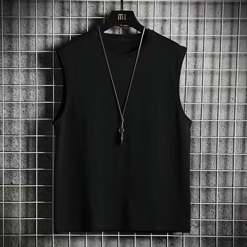 2024 Mens Summer Loose Round Neck Fashionable T-shirt Simple Solid Color Sleeveless T-shirt Vest Shoulder Jacket Top Black  - Image 1