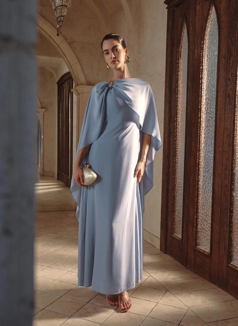 Lichi Maxi dress with train and metal decor on the shoulder