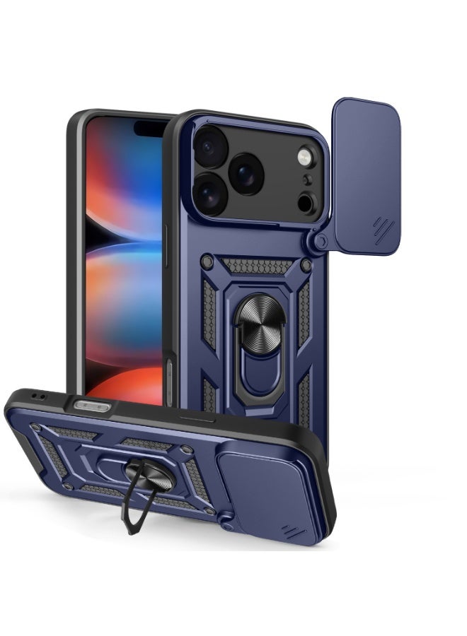 Shunjia Sliding Window Case, Shockproof Rugged Armor with Sliding Camera Cover & 360° Ring Kickstand, Compatible with Apple iPhone 17 Pro Max (Blue)