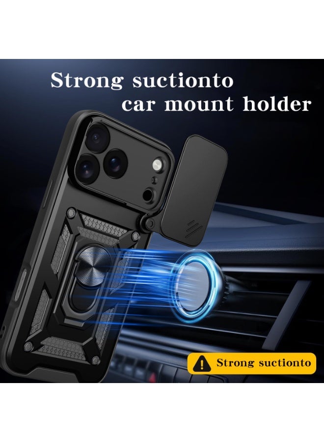 Shunjia Sliding Window Case, Shockproof Rugged Armor with Sliding Camera Cover & 360° Ring Kickstand, Compatible with Apple iPhone 17 Pro Max (Blue) - Image 3
