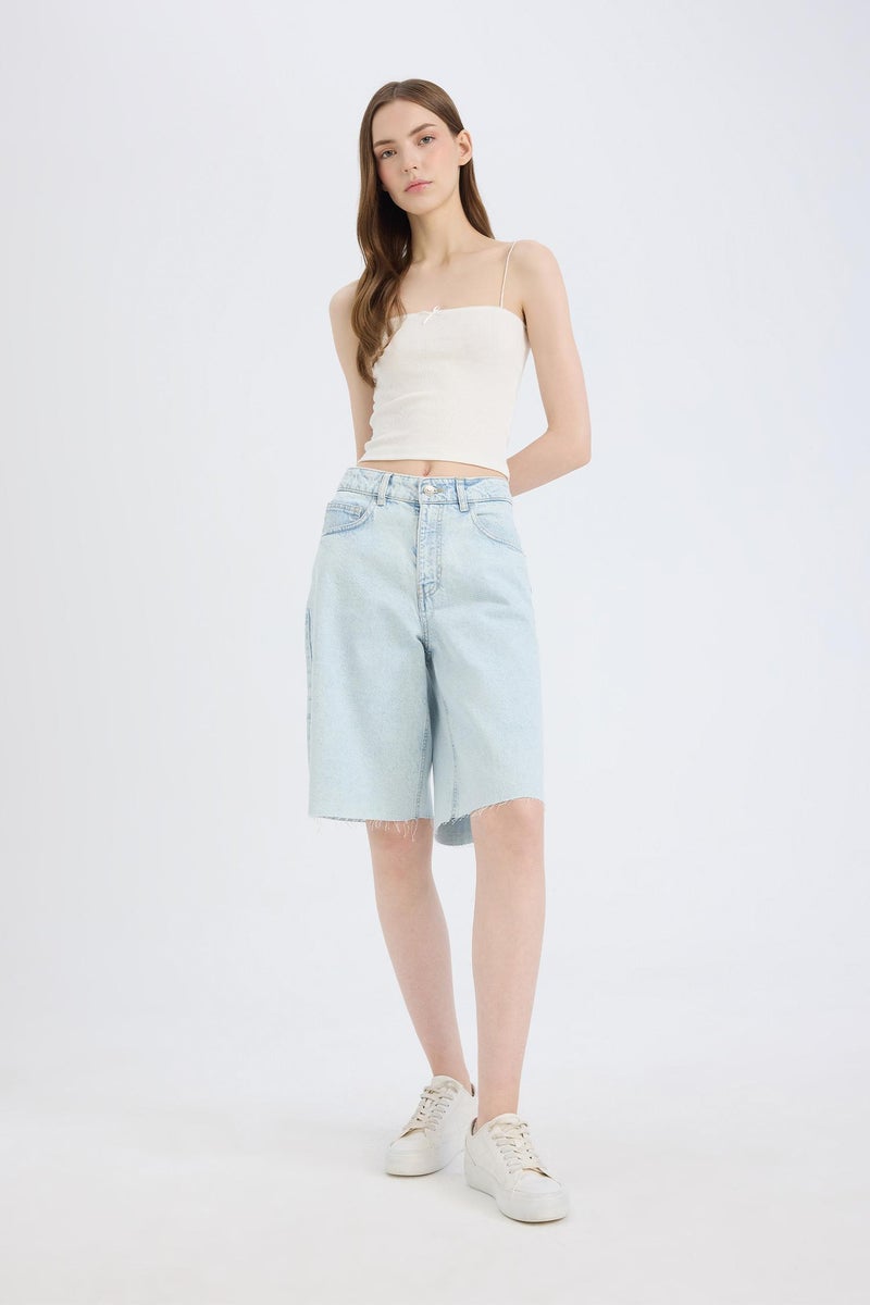 DeFacto Blue Woman Normal Waist Denim Bermuda Shorts Casual - Image 2