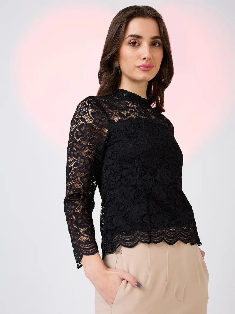 globus Women Self Design High Neck Scalloped Hem Top