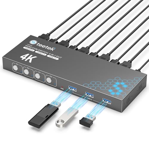 Steetek USB 3.0 HDMI KVM Switch 1 Monitors 4 Computers, 4K@60Hz KVM Switches for 4 Computers Sharing Monitor Keyboard Mouse Hard Drives Printer, with EDID Adaptive,1 HDMI Cable and 4 USB Cable - Image 1