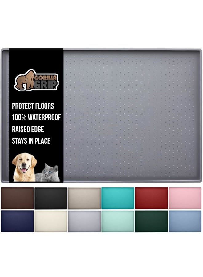 GORILLA GRIP 100% Waterproof Raised Edge BPA Free Silicone Pet Feeding Mat, Dog Cat Food Mats Contain Spills Protects Floors, Placemats for Cats and Dogs Water Bowl, Pets Accessories 28x18 Gray - Image 1