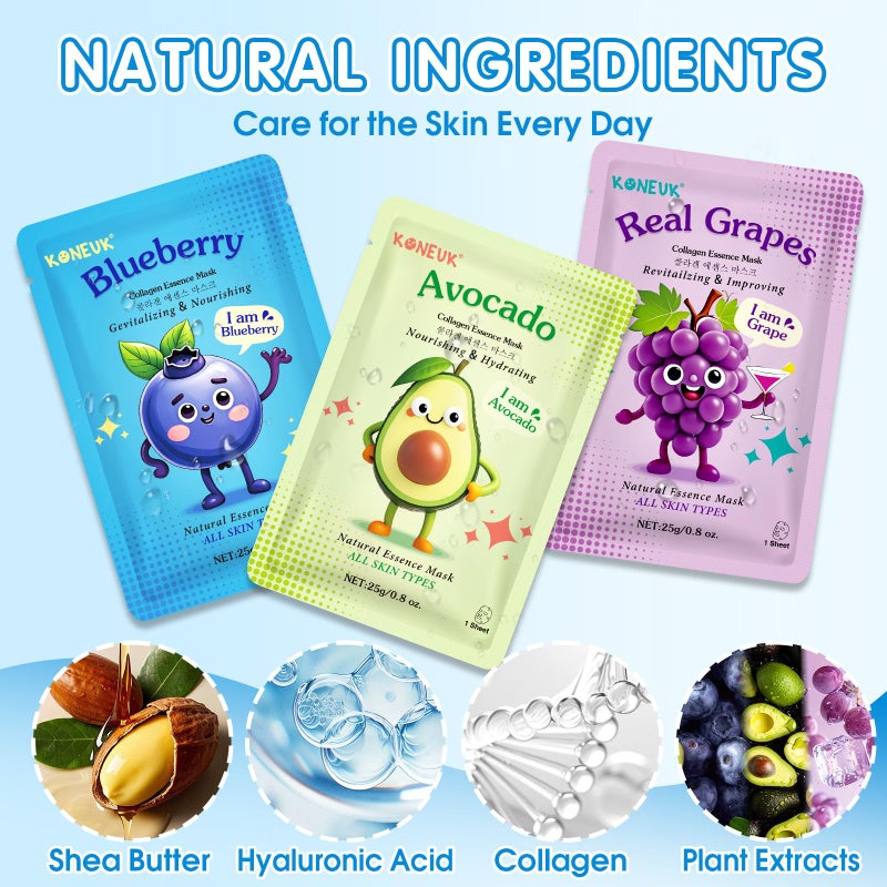 KONEUK 28 Pack Fruit Face Masks Skincare for Kids Girls, Sheet Collagen Face Mask for Women Skin Care, Bulk Hydrating Facial Mask for All Skin Types, Easter Basket Stuffers and Party Spa Gifts for Teens - Image 4